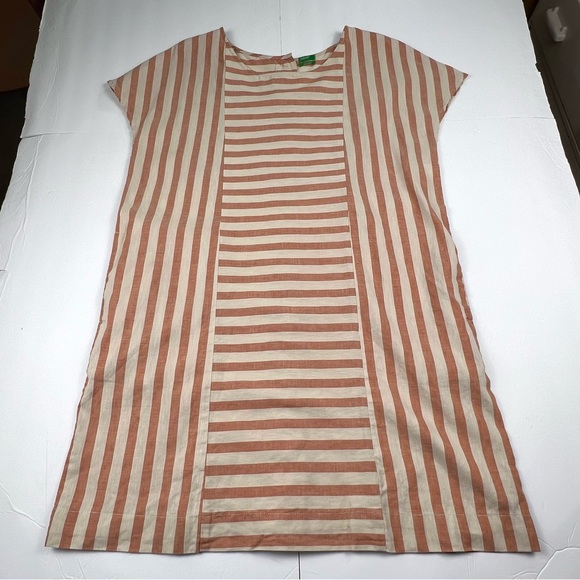 United Colors of Benetton Striped Linen Blend Shift Dress L Red&Natural Coastal - Picture 4 of 12